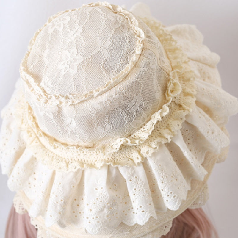 Lolita Accessories Headwear Apricot Lace Bow Wide-brimmed Hat Hair Accessories