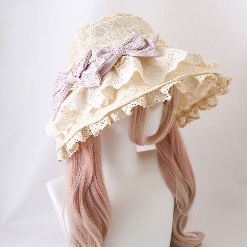 Lolita Accessories Headwear Apricot Lace Bow Wide-brimmed Hat Hair Accessories