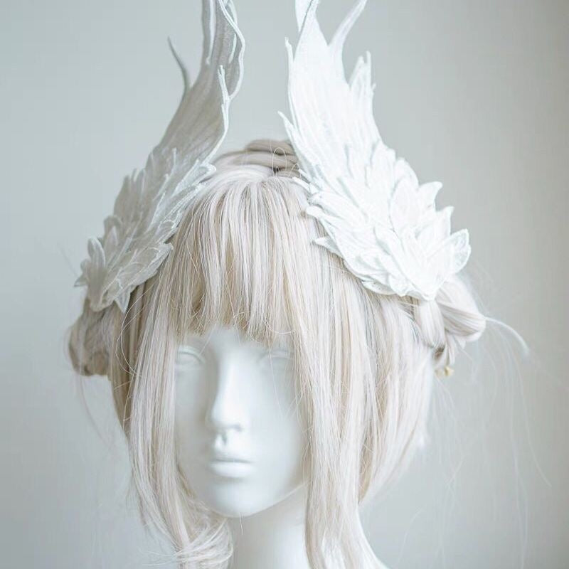 Lolita Accessories Headwear White Gothic Angel Wings Embroidered Feather Hairpin