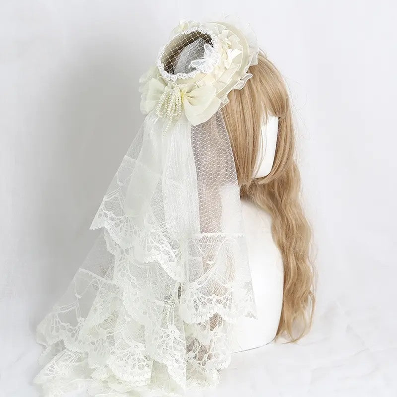 Lolita Accessories Headwear White Rose Elegant Lace Veil Hat Hair Accessories