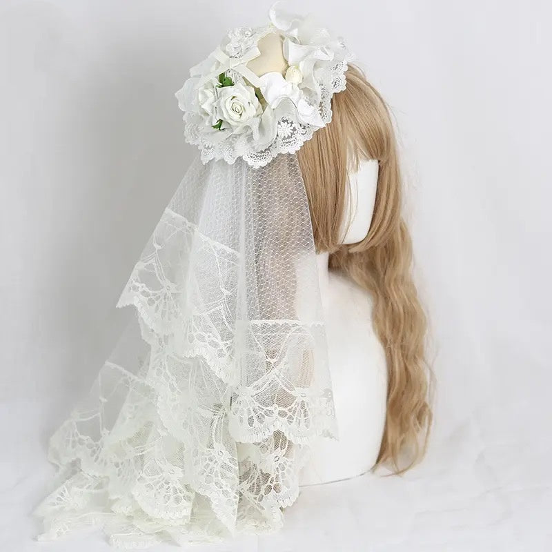 Lolita Accessories Headwear White Rose Elegant Lace Veil Hat Hair Accessories
