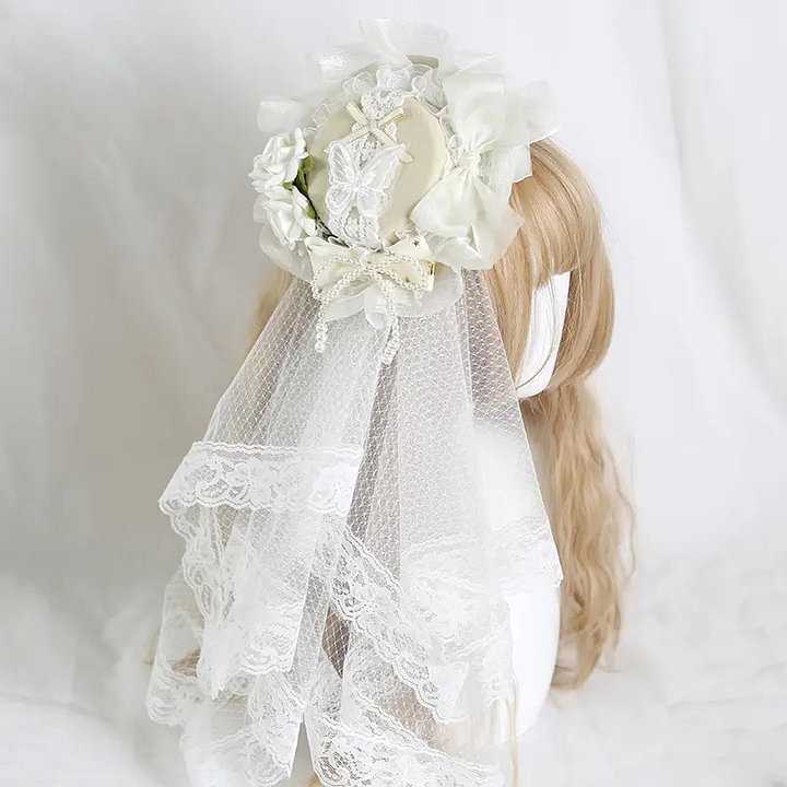 Lolita Accessories Headwear White Rose Elegant Lace Veil Hat Hair Accessories