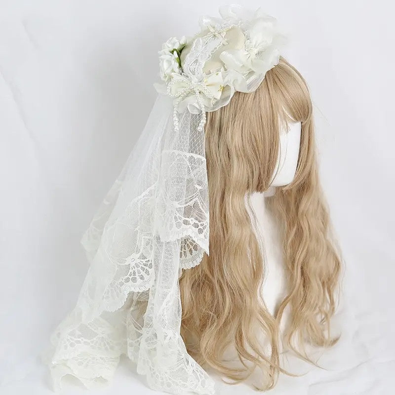 Lolita Accessories Headwear White Rose Elegant Lace Veil Hat Hair Accessories