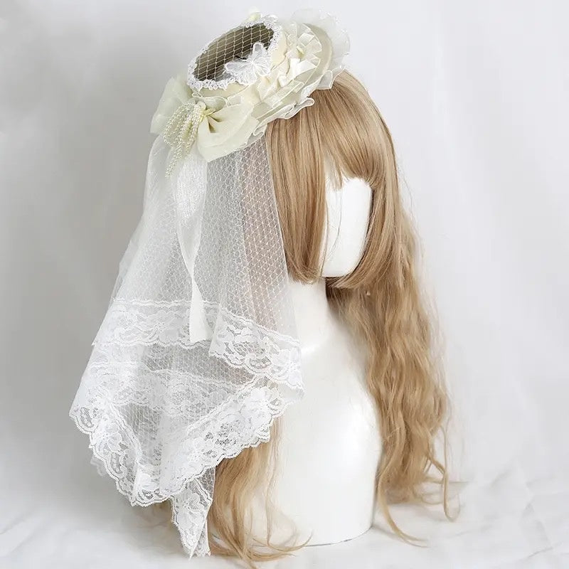Lolita Accessories Headwear White Rose Elegant Lace Veil Hat Hair Accessories