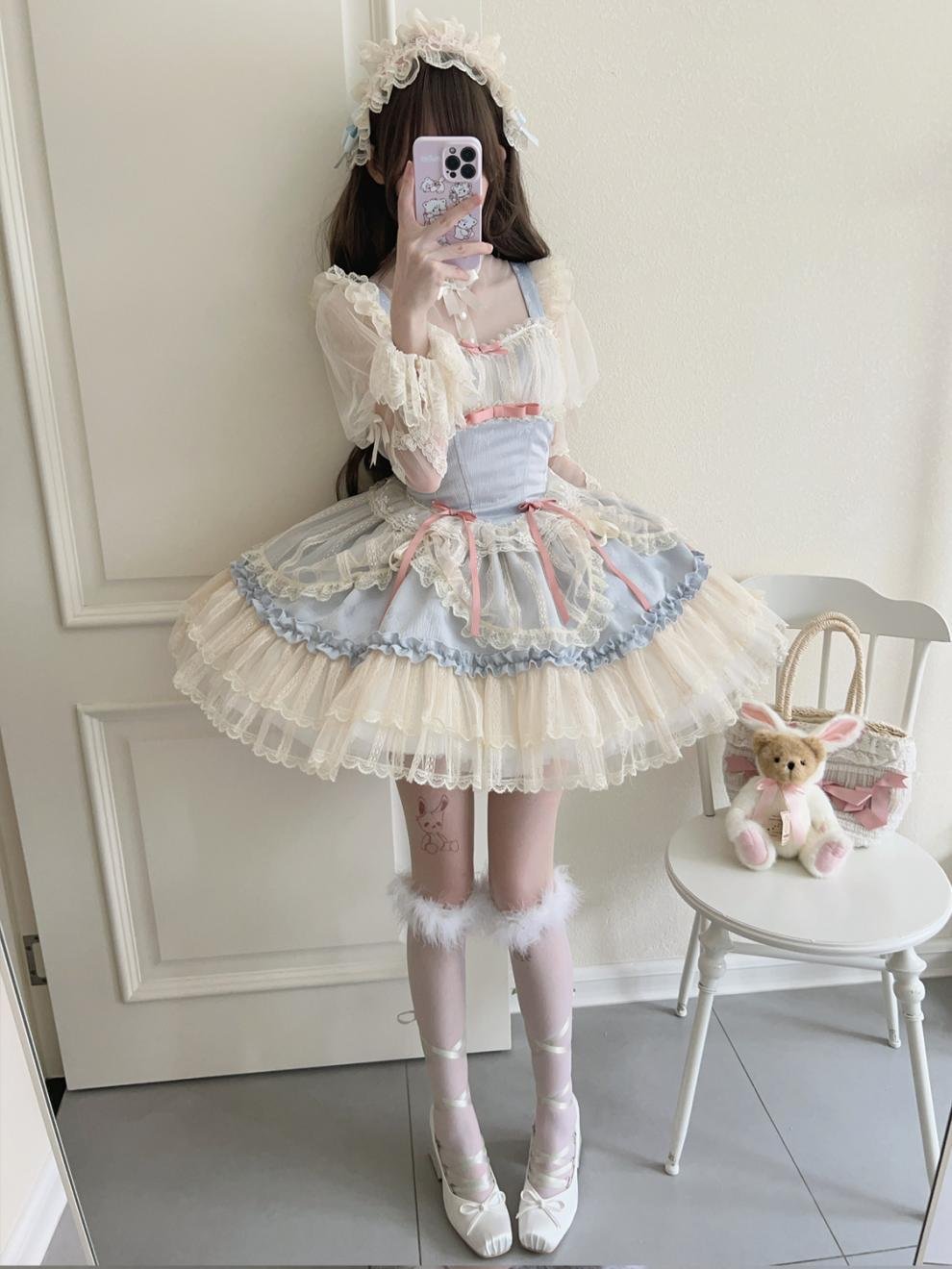 Hime Lolita Sweet Blue Pink Apricot Princess Ballet Suspender Cake Dress