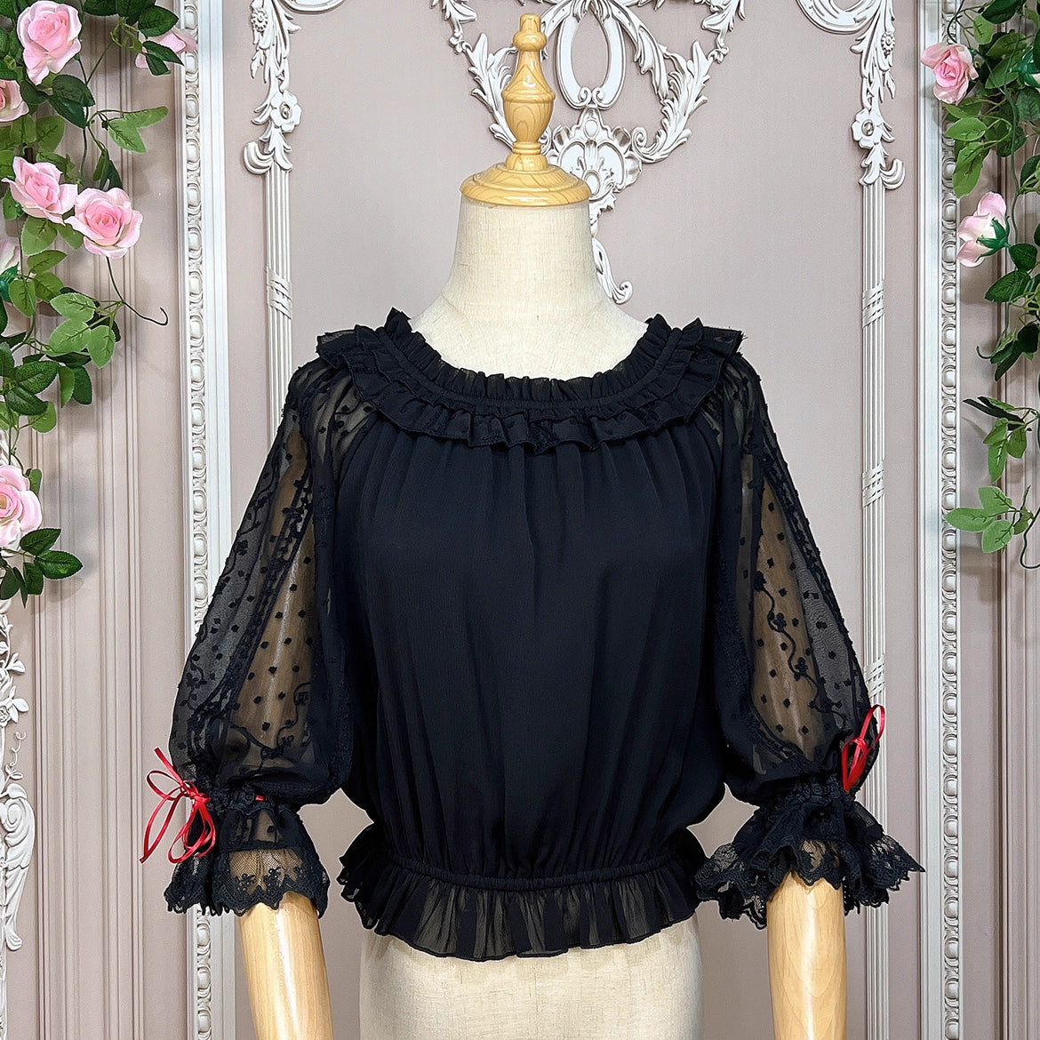 Embrace dark elegance with our Gothic Lolita chiffon blouse, blending poetic mystery and delicate romance. Lightweight and breathable for summer, it features dramatic flared sleeves with adjustable drawstring cuffs for a customizable silhouette. The contrasting black and white palette adds timeless sophistication. Perfect for layering or standalone wear, this piece captures the essence of ethereal beauty and subtle rebellion, ideal for those who dare to merge fantasy with fashion. Crafted for comfort and st