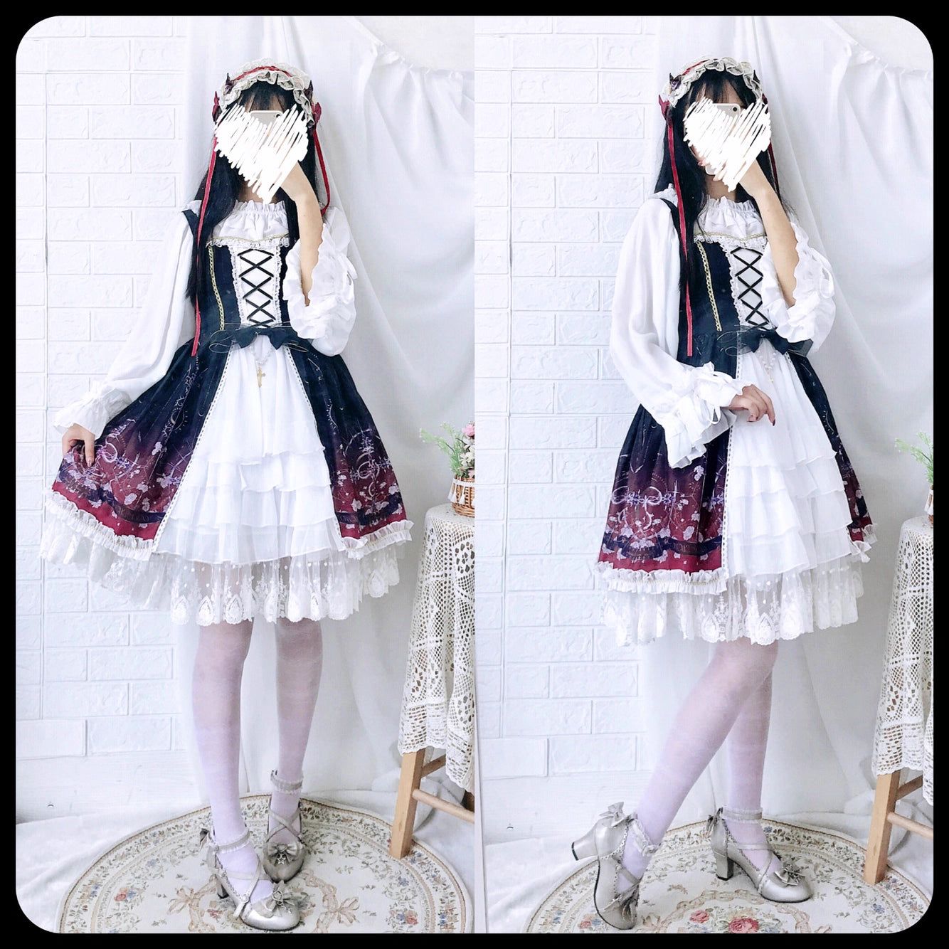 This flowing chiffon blouse combines delicate details with dramatic flared sleeves. Rendered in classic black, white, and bold red, its loose round neck design offers comfortable versatility for layering under JSKs or jumpers. The lightweight fabric and romantic silhouette create an elegant yet functional piece, perfect for adding dynamic movement and vintage charm to both sweet and Gothic Lolita coordinations.