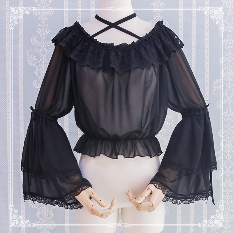 Lolita Blouse Summer Chiffon White Sweet and Cute One-Neck Black Shirt Blouse