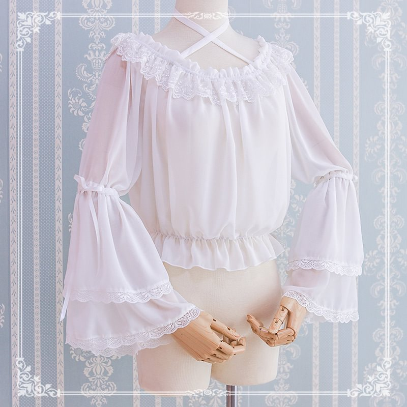 Lolita Blouse Summer Chiffon White Sweet and Cute One-Neck Black Shirt Blouse