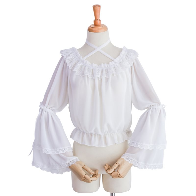 Lolita Blouse Summer Chiffon White Sweet and Cute One-Neck Black Shirt Blouse