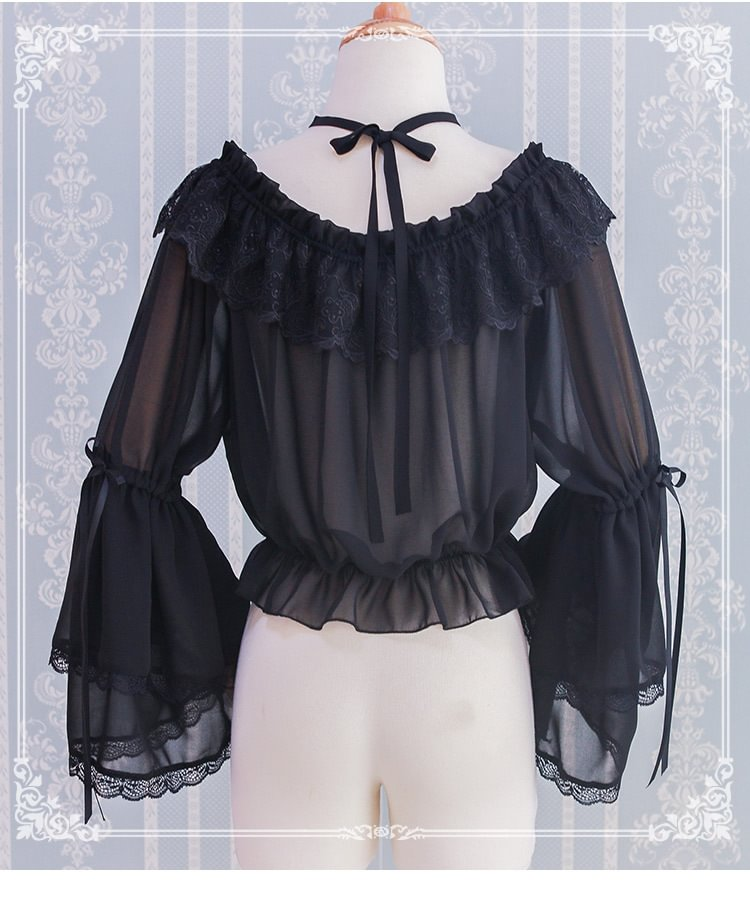 Lolita Blouse Summer Chiffon White Sweet and Cute One-Neck Black Shirt Blouse