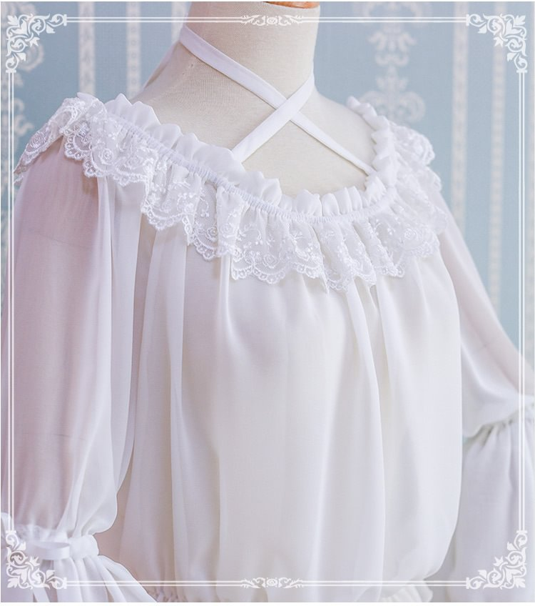 Lolita Blouse Summer Chiffon White Sweet and Cute One-Neck Black Shirt Blouse