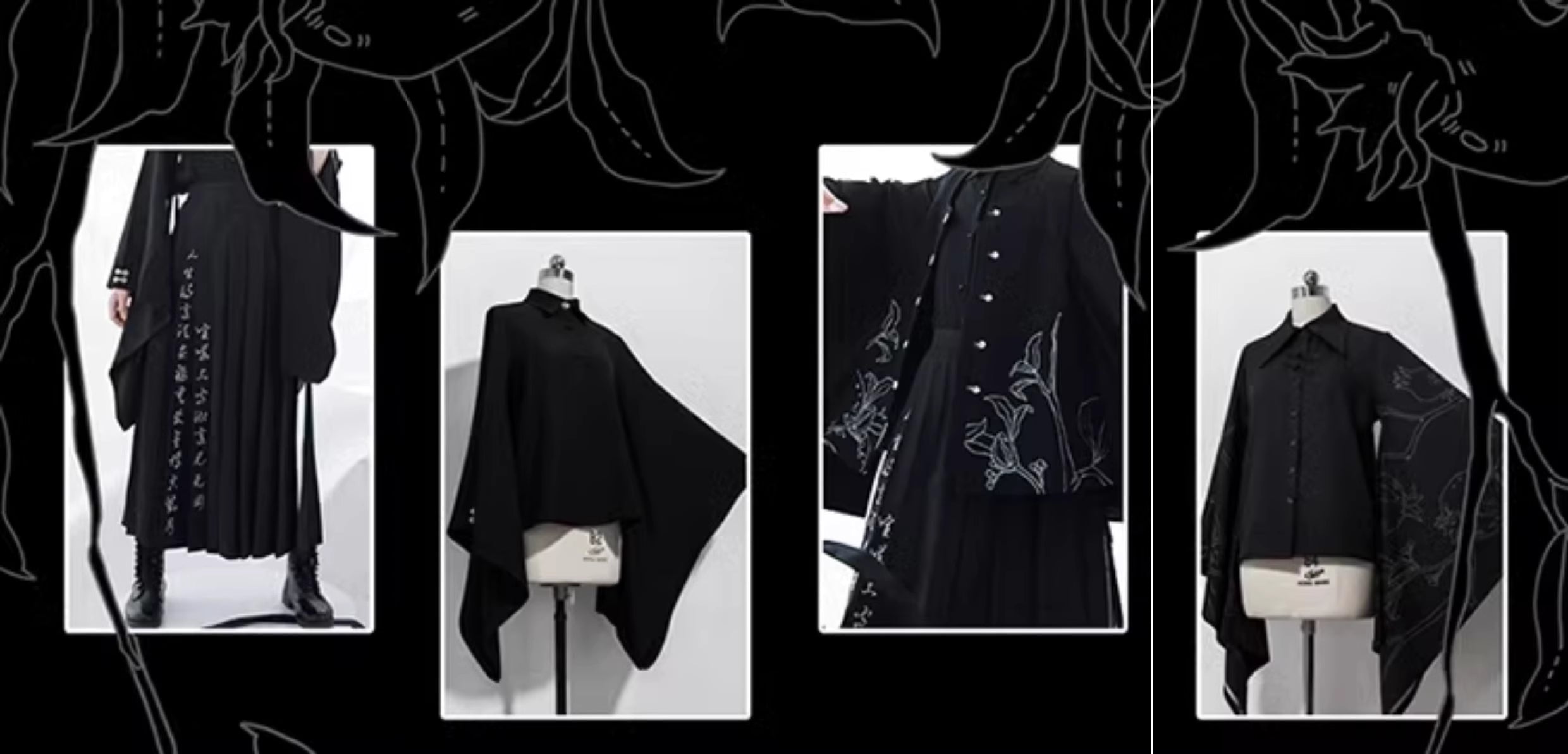 Inspired by Tang dynasty aesthetics, this top reimagines classical elegance with dramatic pointed collars and flowing wide sleeves. The luxurious black fabric serves as a canvas for subtle embroidered pomegranate motifs—symbolizing prosperity and unity. Lightweight yet structured, it layers seamlessly under modern outerwear, blending historical narrative with wearable artistry for a timeless statement of cultural fusion.