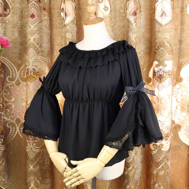 Design Concept:
This Lolita blouse features delicate lace-trimmed princess sleeves and an off-shoulder design, crafted as a versatile layering top for JSKs. The lightweight chiffon fabric ensures an elegant drape and refined silhouette, making it a stylish inner layer. Available in Black and White, it offers options for both classic sweet and Gothic-inspired Lolita outfits.