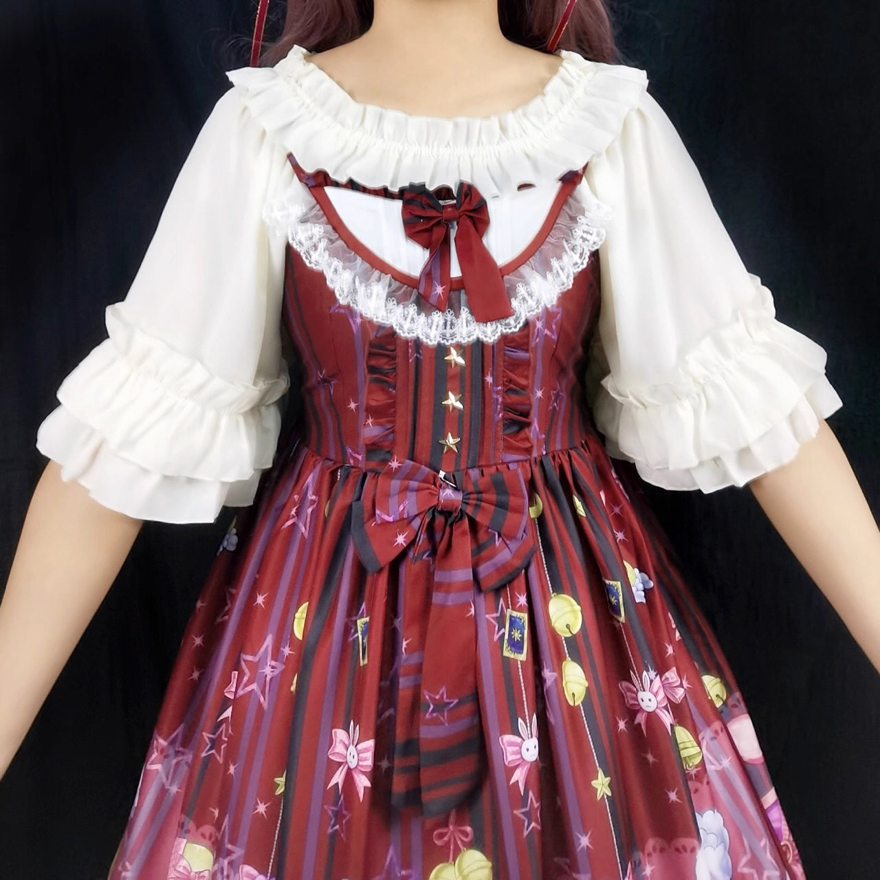 Design Concept:
This Lolita blouse captures a playful yet elegant summer aesthetic with its off-shoulder square neckline and delicate ruffle trims. The short-sleeve, loose-fit design ensures both comfort and style, making it an essential layering piece for Lolita wardrobes. Available in White and Black, it offers versatile choices for sweet or Gothic-inspired looks.