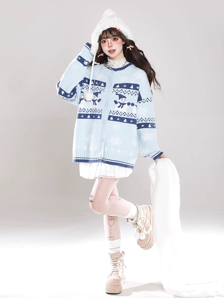 This unique cream and blue cardigan features a charming snowman Fair Isle pattern, blending whimsical holiday spirit with coziness. The relaxed open-front design offers effortless layering versatility. Crafted from soft, premium knit, it provides luxurious comfort for seasonal gatherings or casual wear. A perfect fusion of nostalgic craftsmanship and contemporary comfort for those seeking understated yet distinctive holiday style.
