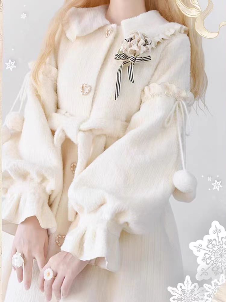 Lolita Coat Christmas White Plush Sweet Teddy Fleece Jacket Petite Winter Outerwear