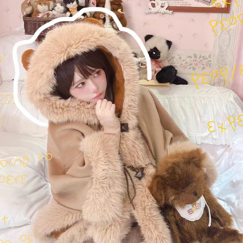 Lolita Coat Cute Woolen Cape Thick Warm Fleece Outerwear for Autumn Winter