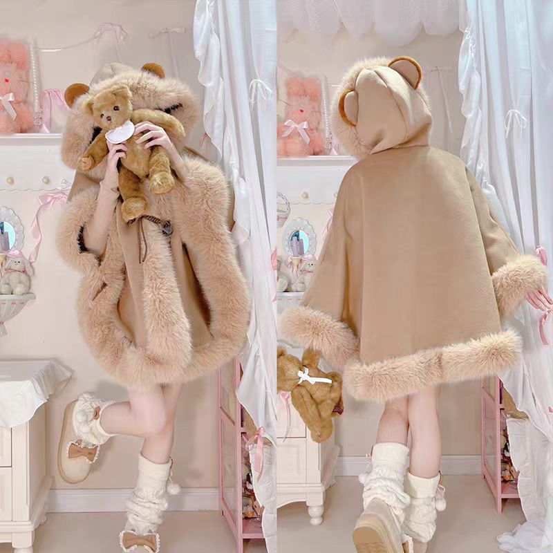 Lolita Coat Cute Woolen Cape Thick Warm Fleece Outerwear for Autumn Winter