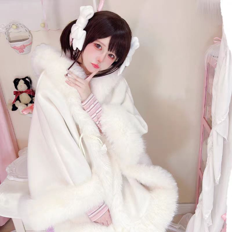 Lolita Coat Cute Woolen Cape Thick Warm Fleece Outerwear for Autumn Winter