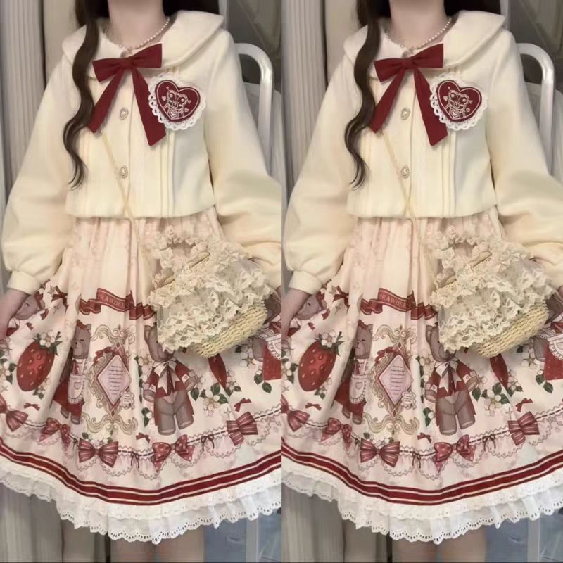 Lolita Coat Winter Two Piece Outfit Sweet Dress with Outerwear Holiday Set