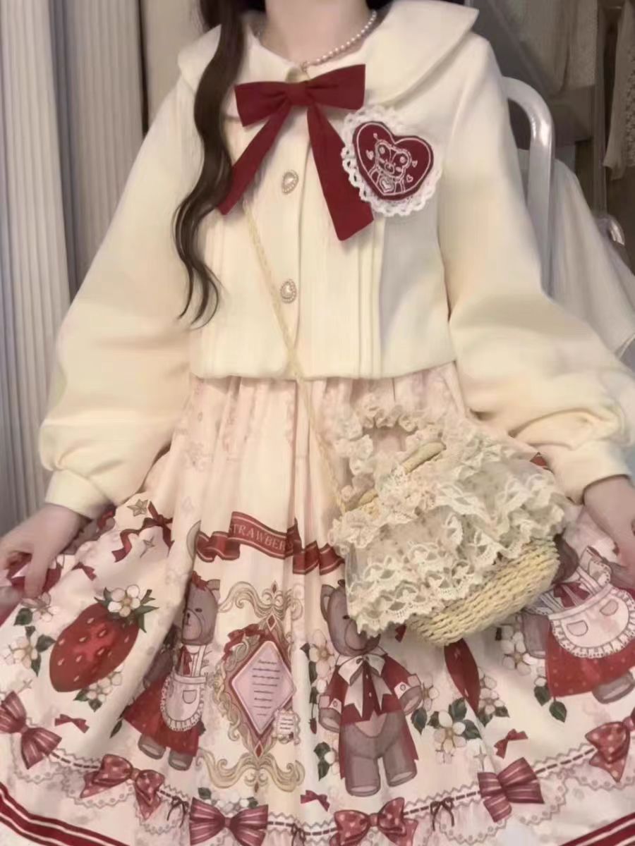 Lolita Coat Winter Two Piece Outfit Sweet Dress with Outerwear Holiday Set