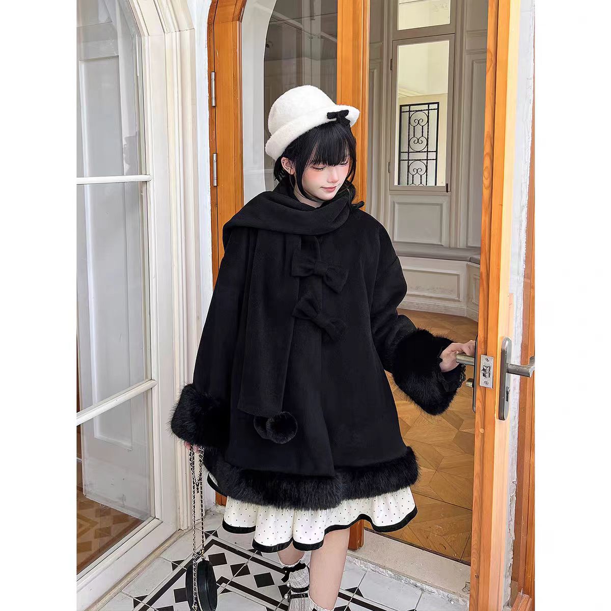 Lolita Coat Wool Cape Bow Scarf Integrated Warm Winter Cloak with Hood for Women