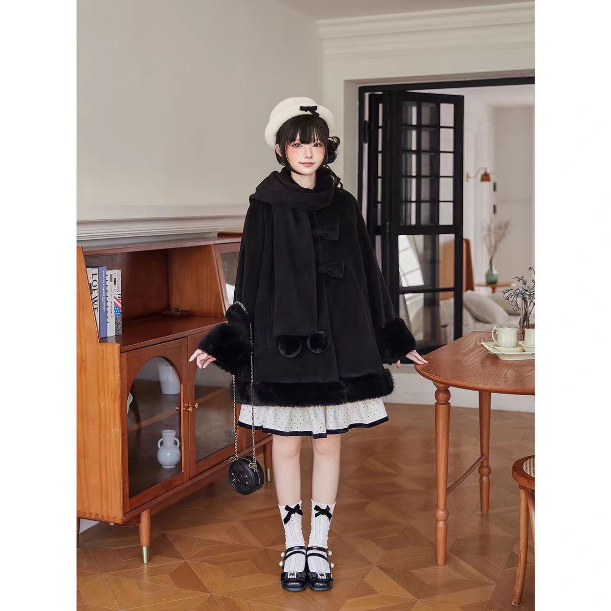 Lolita Coat Wool Cape Bow Scarf Integrated Warm Winter Cloak with Hood for Women