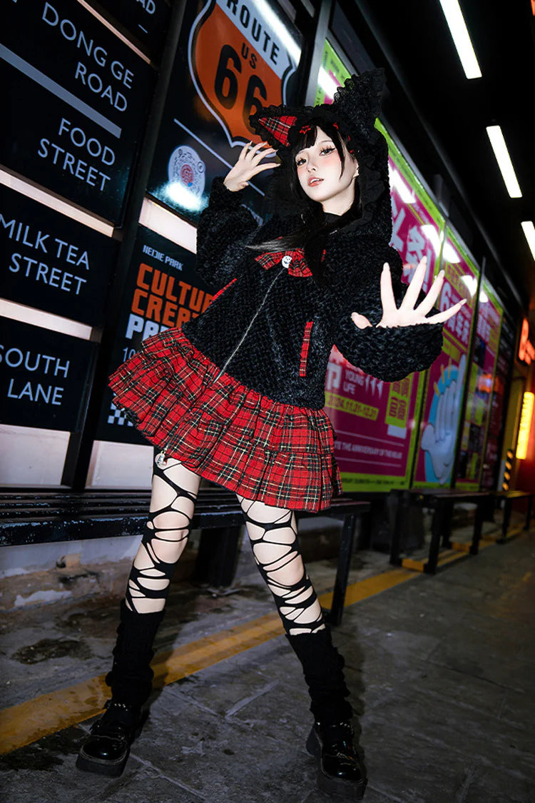 "Enchanted Highland Rose" — Inspired by the mystical allure of Scottish moors under twilight skies and the romantic drama of Victorian Gothic novels, this coat merges tartan tradition with Lolita fantasy. The bold black and red grid pattern echoes ancient clan symbolism, while delicate ruffles and bows soften its striking contrast, creating a piece that whispers of haunted castles and secret garden trysts.