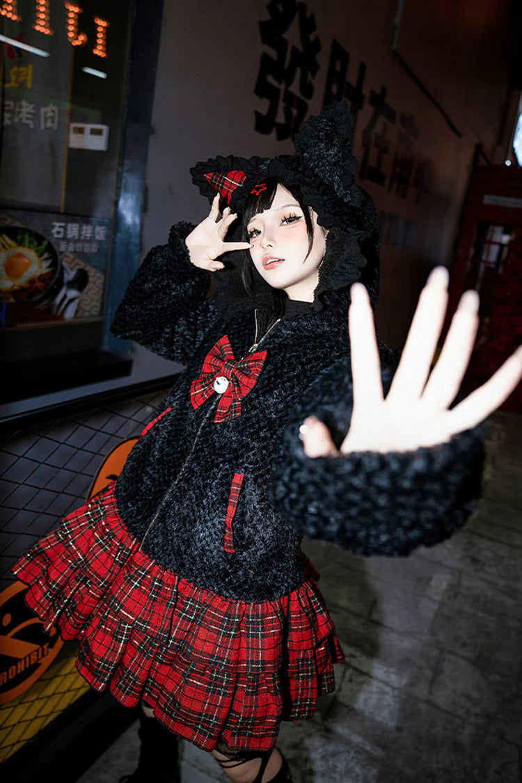 "Enchanted Highland Rose" — Inspired by the mystical allure of Scottish moors under twilight skies and the romantic drama of Victorian Gothic novels, this coat merges tartan tradition with Lolita fantasy. The bold black and red grid pattern echoes ancient clan symbolism, while delicate ruffles and bows soften its striking contrast, creating a piece that whispers of haunted castles and secret garden trysts.