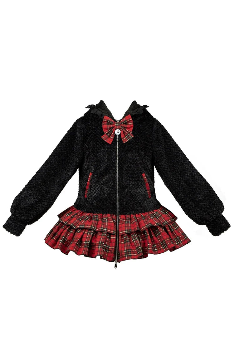 "Enchanted Highland Rose" — Inspired by the mystical allure of Scottish moors under twilight skies and the romantic drama of Victorian Gothic novels, this coat merges tartan tradition with Lolita fantasy. The bold black and red grid pattern echoes ancient clan symbolism, while delicate ruffles and bows soften its striking contrast, creating a piece that whispers of haunted castles and secret garden trysts.
