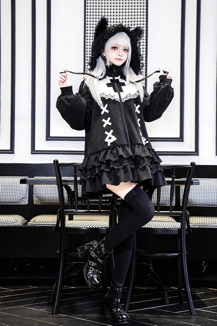 "Midnight Garden" — This coat combines the playful charm of sweet Lolita with the cozy practicality of winter wear. Inspired by the contrast of delicate ruffles against structured tailoring, it features a zippered design for modern convenience while maintaining classic Lolita elegance. The dramatic yet cute style captures the magic of a winter night blooming with hidden beauty.