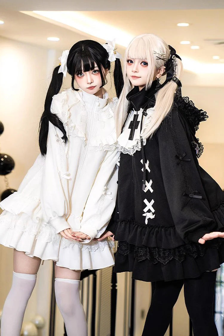 "Midnight Garden" — This coat combines the playful charm of sweet Lolita with the cozy practicality of winter wear. Inspired by the contrast of delicate ruffles against structured tailoring, it features a zippered design for modern convenience while maintaining classic Lolita elegance. The dramatic yet cute style captures the magic of a winter night blooming with hidden beauty.