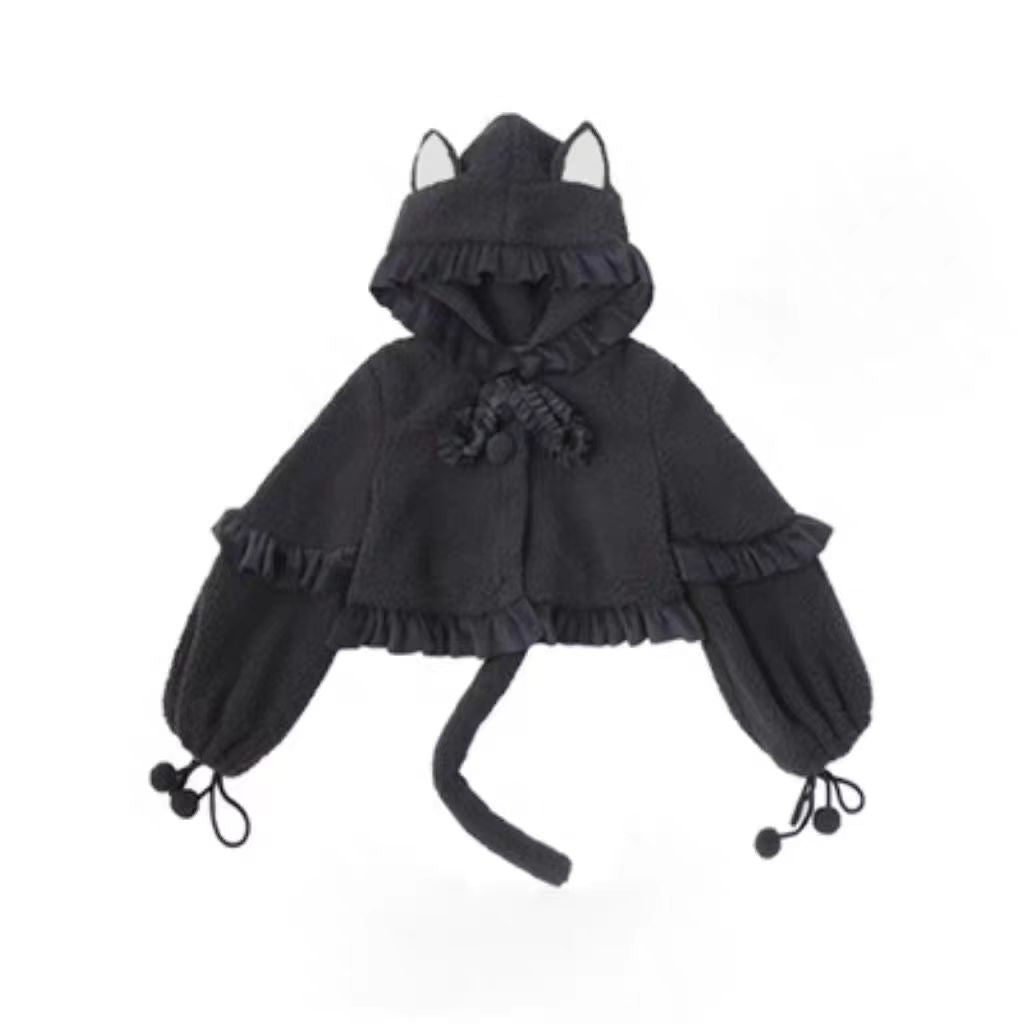 This Lolita Plush Coat in black, white, and brown tones is designed to bring both warmth and sweetness to your autumn and winter wardrobe. Made with thick plush fabric, it offers cozy comfort while maintaining a cute, doll-like charm. The short silhouette enhances a playful look, making it easy to pair with Lolita dresses or casual outfits. Perfect for daily wear, tea parties, or outdoor gatherings, this coat balances practicality with the whimsical spirit of Lolita fashion.