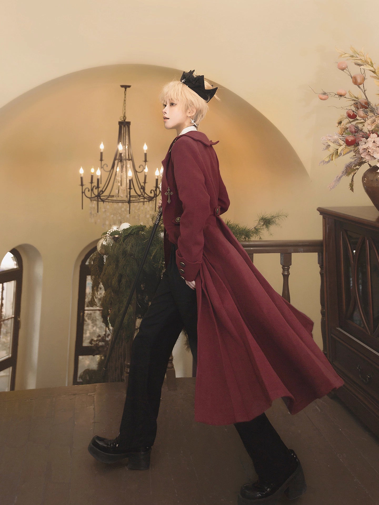 This dark crimson prince set draws inspiration from Gothic aristocracy and vampire lore, blending dramatic elegance with Ouji fashion's structured silhouettes. The tailored medieval coat features intricate gold detailing, velvet accents, and opulent brocade, evoking a haunting yet regal atmosphere. Paired with ruffled inner shirts and tailored trousers, the ensemble merges historical grandeur with Lolita aesthetics, perfect for creating captivating autumnal narratives of dark romance.