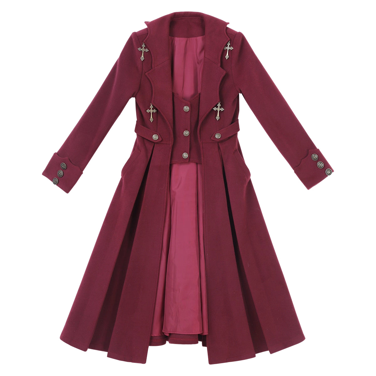 This dark crimson prince set draws inspiration from Gothic aristocracy and vampire lore, blending dramatic elegance with Ouji fashion's structured silhouettes. The tailored medieval coat features intricate gold detailing, velvet accents, and opulent brocade, evoking a haunting yet regal atmosphere. Paired with ruffled inner shirts and tailored trousers, the ensemble merges historical grandeur with Lolita aesthetics, perfect for creating captivating autumnal narratives of dark romance.