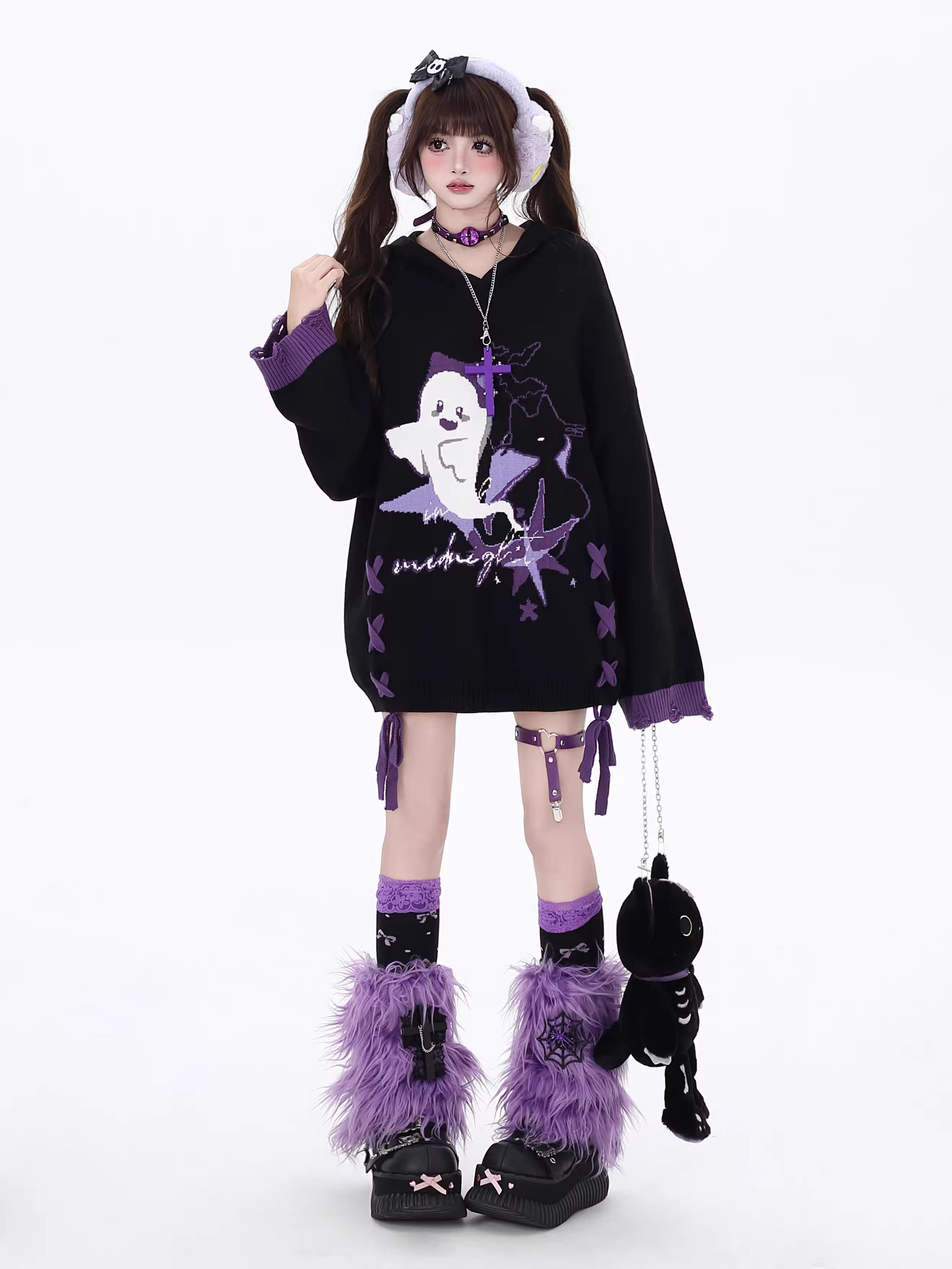 This original Halloween-inspired sweater blends subcultural edge with playful spookiness. The embroidered ghost motif and bold black-purple color blocking create a striking visual impact, while the adjustable lace-up detail allows for a customized fit. The relaxed silhouette and soft knit fabric offer both comfort and style, making it perfect for expressing your unique alternative aesthetic during the festive season and beyond.