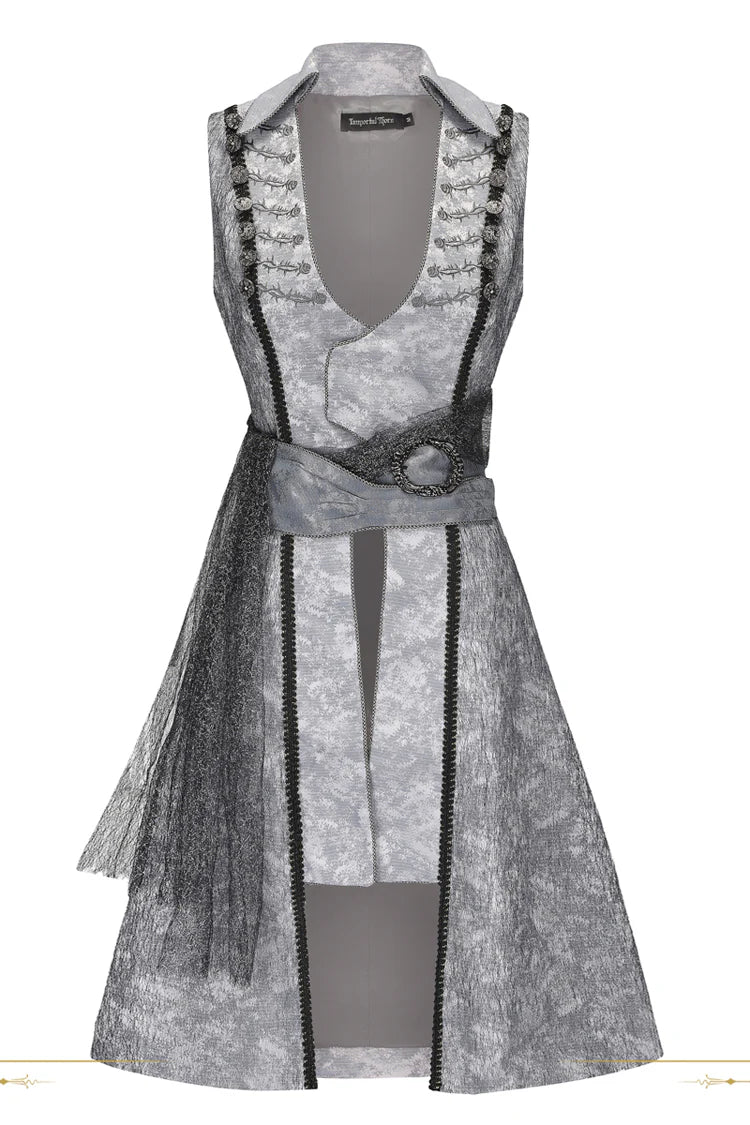 Inspired by the fusion of Victorian elegance and industrial steam-powered innovation, this coat reimagines aristocratic tailoring with avant-garde Lolita aesthetics. The sleeveless design emphasizes structured shoulders and a sharp silhouette, evoking the commanding presence of a fantasy prince. Details like faux gear motifs and metallic accents pay homage to steampunk craftsmanship, while the grey wool blend fabric bridges classic sophistication and futuristic charm.