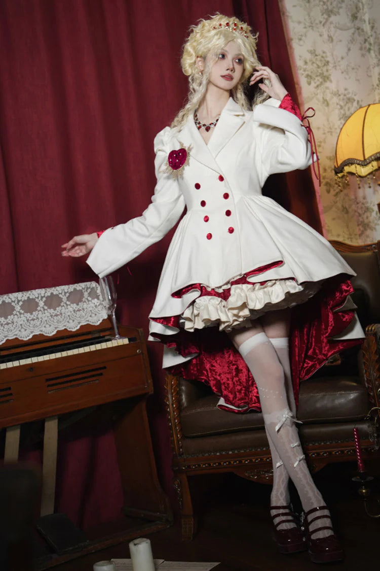 This coat defies convention with its dramatic asymmetrical hemline, blending Gothic mystery and Lolita elegance. The stark white hue and sharp double-breasted structure create a striking visual tension, while the elongated back silhouette adds a touch of theatrical romance. Designed for those who dare to stand out, it transforms the wearer into a vision of haunting beauty—where darkness and light intertwine in poetic contrast.