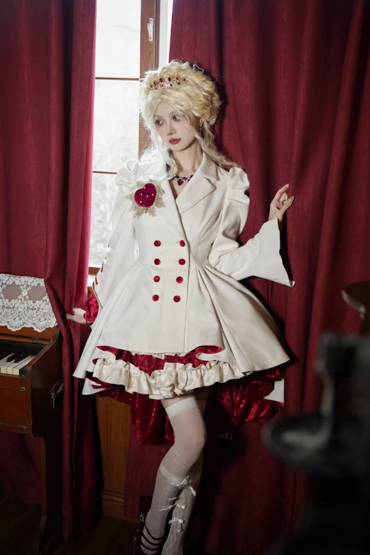 This coat defies convention with its dramatic asymmetrical hemline, blending Gothic mystery and Lolita elegance. The stark white hue and sharp double-breasted structure create a striking visual tension, while the elongated back silhouette adds a touch of theatrical romance. Designed for those who dare to stand out, it transforms the wearer into a vision of haunting beauty—where darkness and light intertwine in poetic contrast.