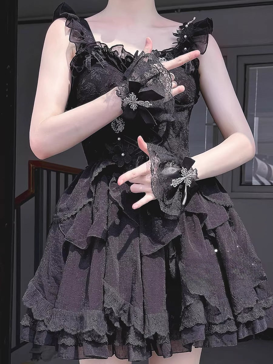 Inspired by the sweet-gothic fusion in Lolita fashion, these arm sleeves blend sacred symbolism and playful elegance. Delicate lace, satin bows, and striking cross motifs create a balance of innocence and rebellion. The black-and-white palette enhances the classic  (sweet-edgy) aesthetic, perfect for adding a touch of devotional charm to Gothic Lolita coordinates or Y2K-inspired street style.