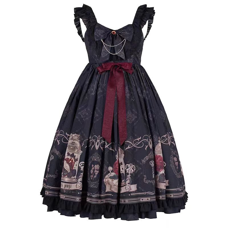 Gothic Lolita Black Nightingale and Rose Suspender Dress