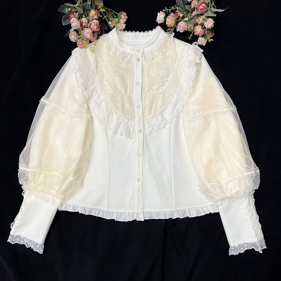 Lolita Blouses Shirt Apricot Long-sleeved Velvet Stand-up Collar Leg of Lamb Inner