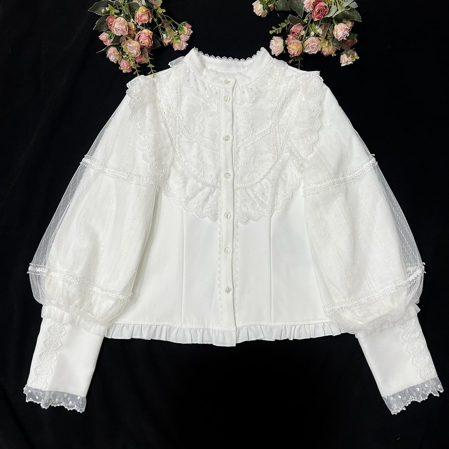 Lolita Blouses Shirt Apricot Long-sleeved Velvet Stand-up Collar Leg of Lamb Inner