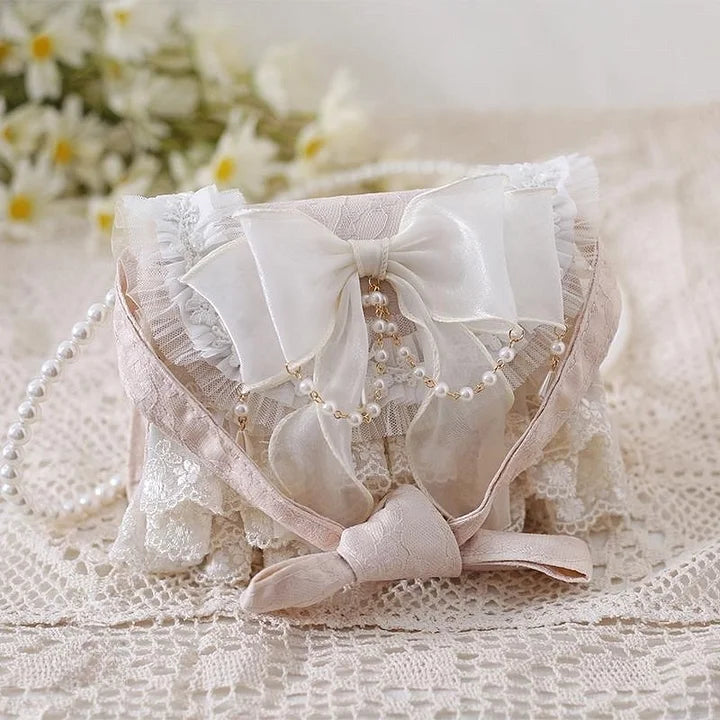 Lolita Elegant Tea Party Handbag Ivory Lace Pearl Chain Crossbody Bag