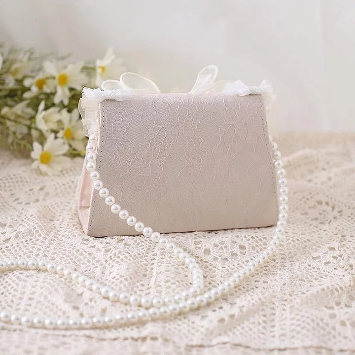 Lolita Elegant Tea Party Handbag Ivory Lace Pearl Chain Crossbody Bag