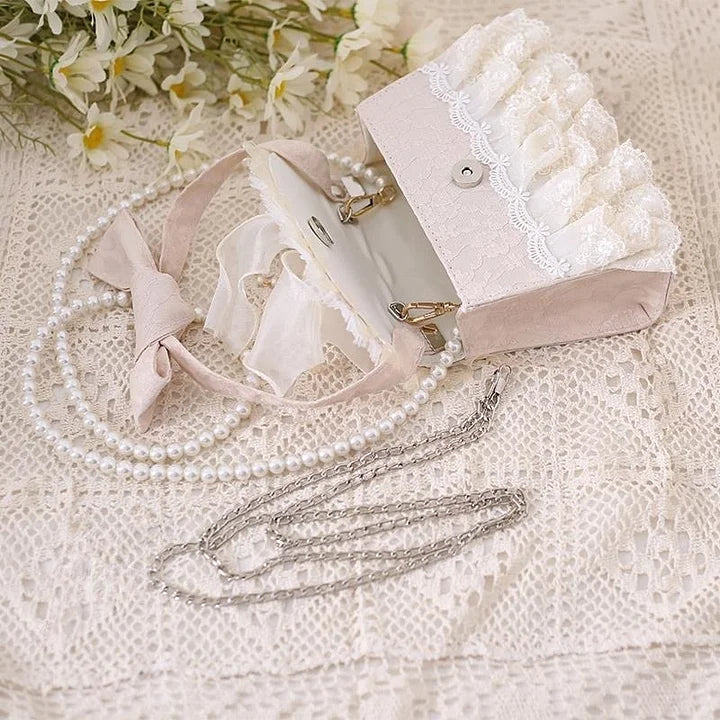 Lolita Elegant Tea Party Handbag Ivory Lace Pearl Chain Crossbody Bag