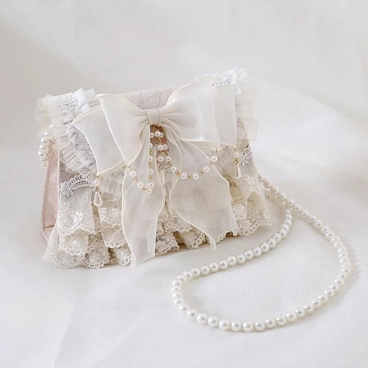 Lolita Elegant Tea Party Handbag Ivory Lace Pearl Chain Crossbody Bag