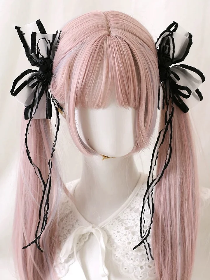 Lolita Hair Accessories Sweet with Pink Bow Ribbon Hair Clips Kawaii Hairpins Headwear