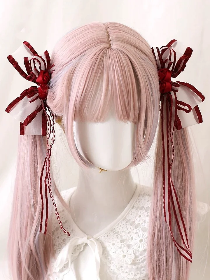 Lolita Hair Accessories Sweet with Pink Bow Ribbon Hair Clips Kawaii Hairpins Headwear